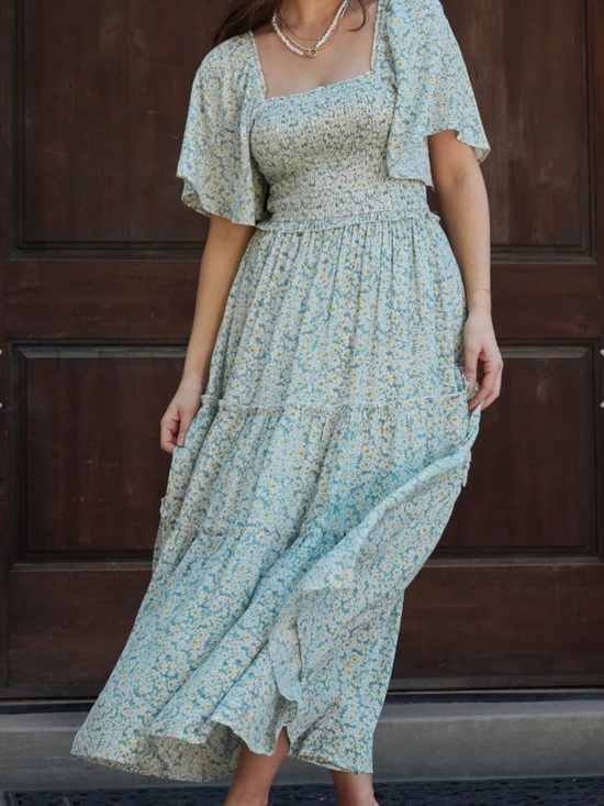 Dresses & Skirts - Baltic Born Regina Smocked Short-Sleeve Tiered Maxi Dress Green Floral NEW XL